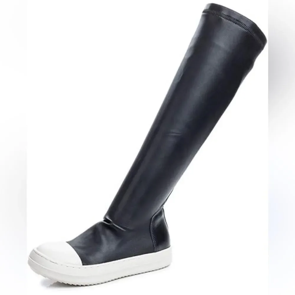 Kluolandi Black Faux Leather White Shoe Over the Knee Pull On Sneaker Boots
